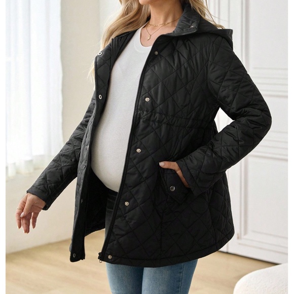 Maternity Black Quilted Pockets Zip up Snap Button Hoodie Jacket Coat - Picture 2 of 7